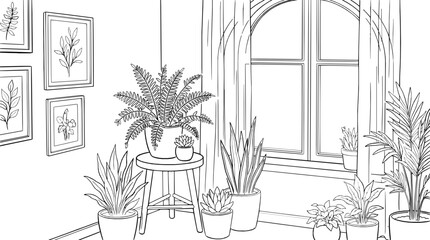 Fototapeta premium Cozy corner filled with houseplants and framed botanical prints, bringing a touch of nature indoors