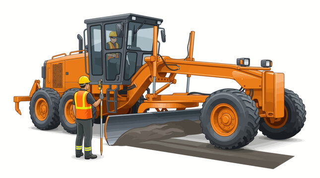 Motor Grader Leveling Ground with Construction Workers