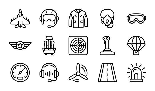 15 Aviation Icons, Pilot Gear & Aircraft Symbols, Vector Set for Flight Graphics