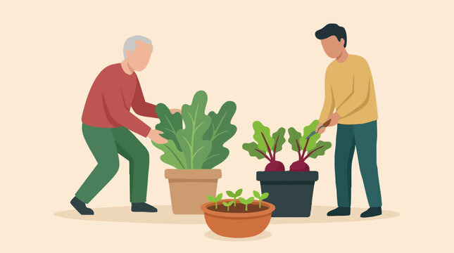 Intergenerational men gardening together, tending potted plants and vegetables