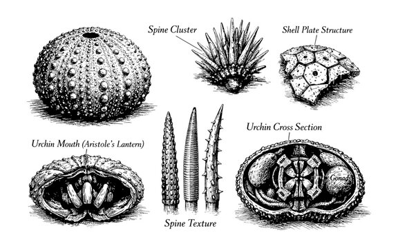 Detailed scientific illustration of sea urchin anatomy and structure