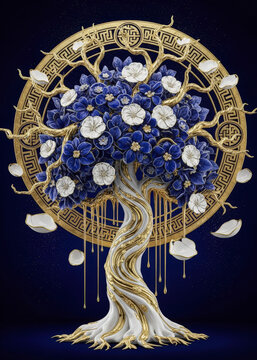 a tree with blue and white flowers and gold leaves on a dark background with a large gold circle bea