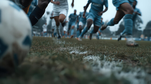 A dynamic action shot of a soccer game, where a soccer ball lies on the field and players are in motion. capturing the essence of competition.
