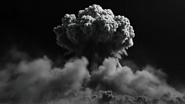 Nuclear explosion in slow motion with billowing mushroom cloud and dark background