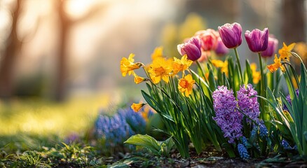 Obraz premium Golden sunlit garden bed bursts with vibrant tulips, daffodils, and hyacinths