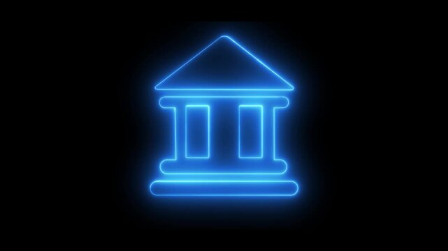 Neon glowing bank building icon animation Financial growth and dollar coin icon isolated bank icon animation on background....