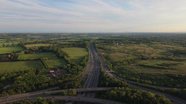 Motorway M25 Intersection Traffic During Golden Hour