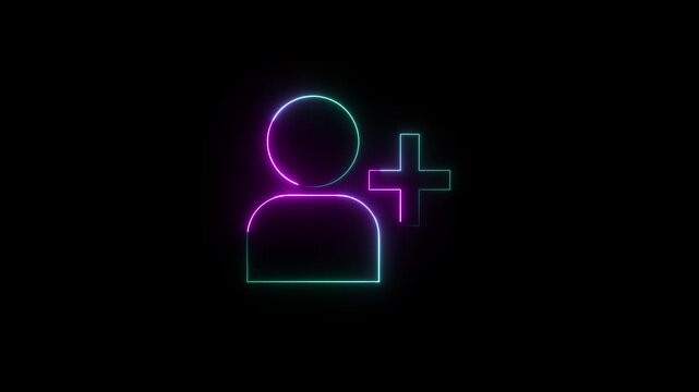 Glowing profile add user icon animation on black background .Looped Neon Lines abstract contact with add friend icon animation plus sign add member head face people man profile animated ...