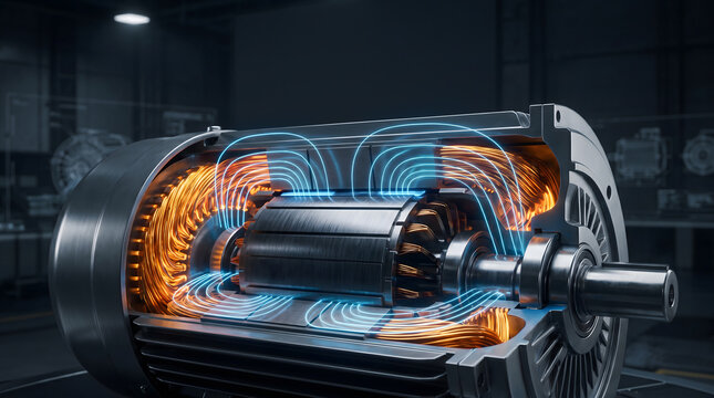 Electric motor cutaway revealing copper windings and magnetic field visualization