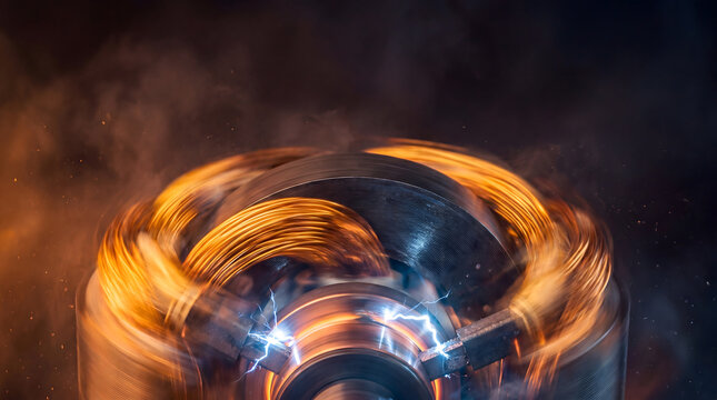 Electric motor rotor spinning with sparks, arcing and glowing copper windings