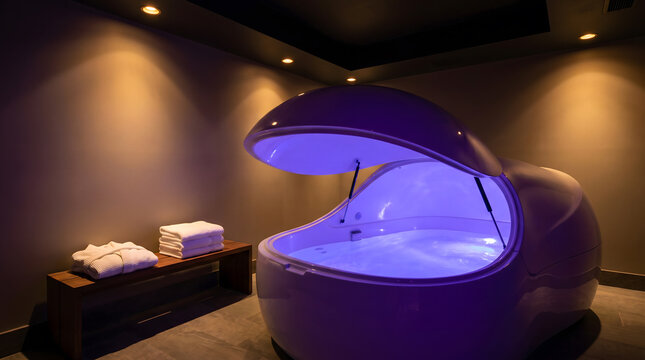 Luxury float pod open with purple LED lighting in modern spa room