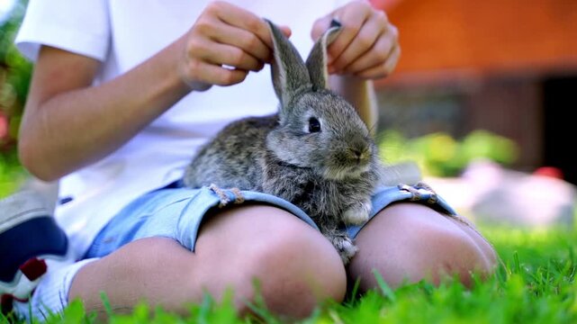 Child gently strokes rabbit's ears in grassy garden. Rabbit remains calm, trusting the touch. Scene evokes gentle bond between human and small pet. Ideal for themes of peace, care, or childhood joy