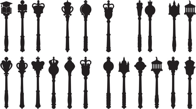 Collection of royal scepters and maces silhouettes, symbolizing authority and power.