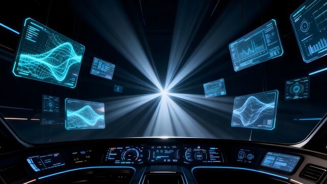 Futuristic control room with holographic displays