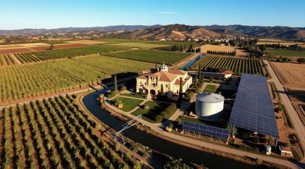 Obraz premium Vast fields of crops are irrigated by canals next to a modern mansion with solar panels. Water tank and advanced farming tech seen from above.
