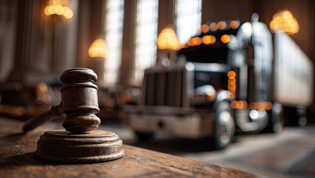Gavel in foreground, semi-truck in blurred background, ornate room