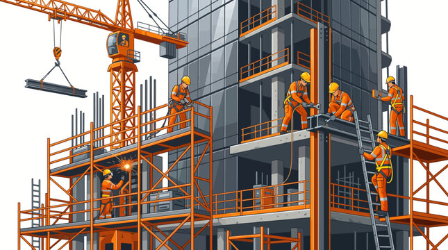 Construction workers building a modern skyscraper on a construction site with a crane and scaffolding
