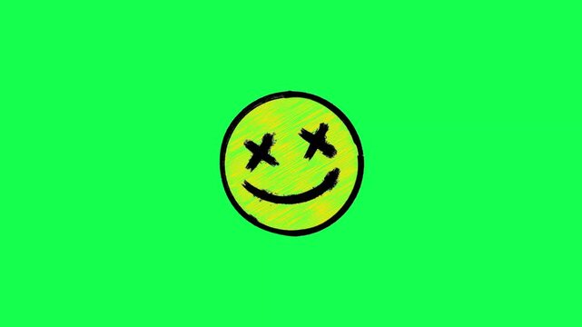 Scribble hand drawn dead happy smiley face yellow emoji animation on green background. Hand-Drawn smiley crossed eyes face doodle loop. Happy Smile cartoon face frame by frame brush stroke animation