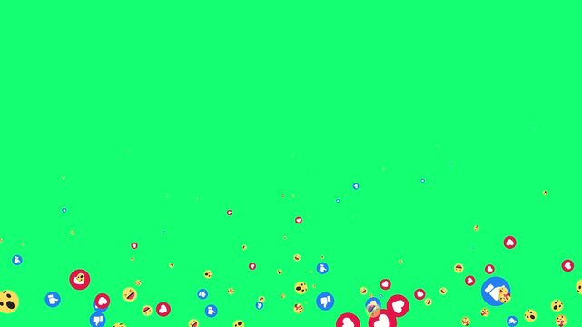 Animated social media live streaming style reaction emojis flying on a green background. Emojis flying moving upwards direction while live chatting streaming concept reacting to positive viral post