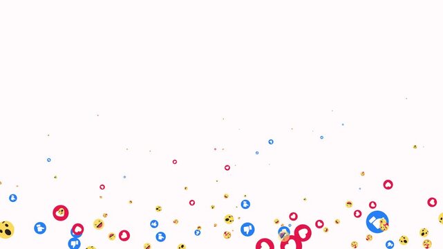 Animated social media live streaming style reaction emojis flying on a white background. Emojis flying moving upwards direction while live chatting streaming concept reacting to positive viral post