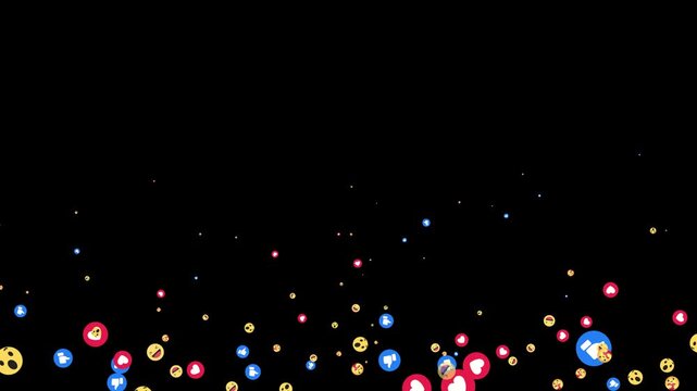 Animated social media live streaming style reaction emojis flying on a black background. Emojis flying moving upwards direction while live chatting streaming concept reacting to positive viral post