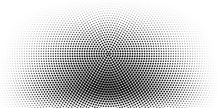 Halftone radial burst background in black and white dotted gradient pattern forming circular symmetry for retro modern poster banner and graphic design