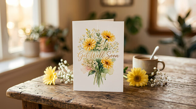 Handwritten seed packet with fresh yellow flowers on wooden table