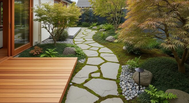 A minimalist japanese-style courtyard garden features a winding flagstone path with moss, surrounded by lush greenery, trees, and a wooden deck