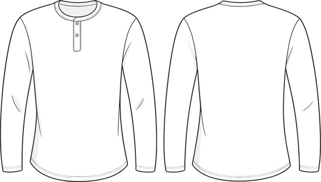 Men Long Sleeve Henley T Shirt Front and Back View Fashion Apparel Vector Template Illustration