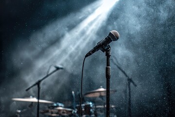 Obraz premium Stage microphone illuminated by dramatic spotlight in smoky atmosphere