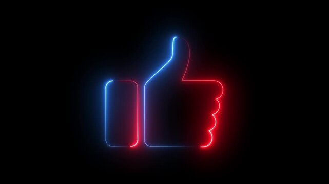 Neon thumbs up social media animation, glowing blue and red like button sign for digital marketing and engagement