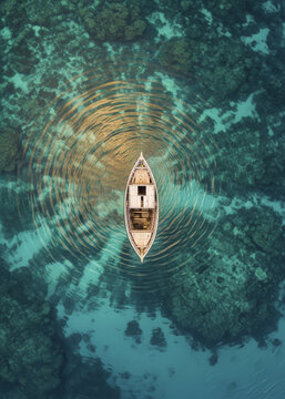 aerial view of a small boat on a body of water with ripples aerial photography above water airial vi