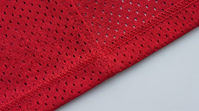 Red mesh fabric with visible stitching and distinct perforated texture, indicating sportswear material designed for breathability and comfort, suitable for athletic apparel.