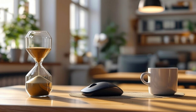 Timeless morning routine with coffee mug, hourglass, and mouse in cozy workspace setting with copy space