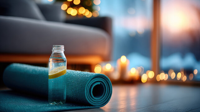 Rolled blue yoga mat with lemon water bottle on hardwood floor for new year home practice and relaxation background or banner design