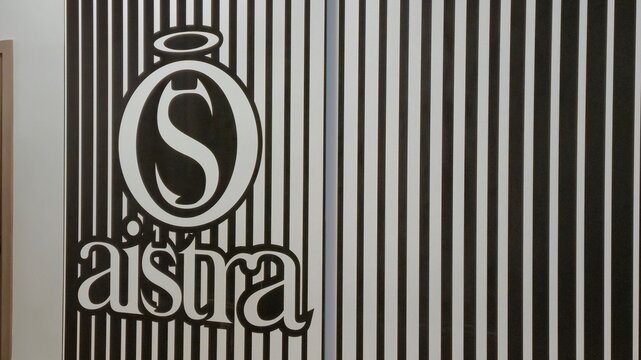 Vilnius Lithuania 02.04.2026 Aistra intimate goods boutique illuminated logo on striped wall inside shopping mall with modern retail branding and lifestyle commerce concept