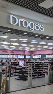 Vilnius Lithuania 02.04.2026 Drogas cosmetics and beauty store interior in modern shopping mall with illuminated signage skincare products and retail shelves commercial lifestyle concept