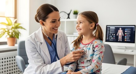 Obraz premium Pediatrician examines a young child using a stethoscope in clinic.