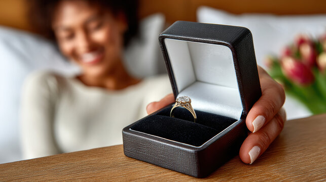 Closeup diamond engagement ring in open gift box with blurred recipient in background for proposal announcement banner and celebration design