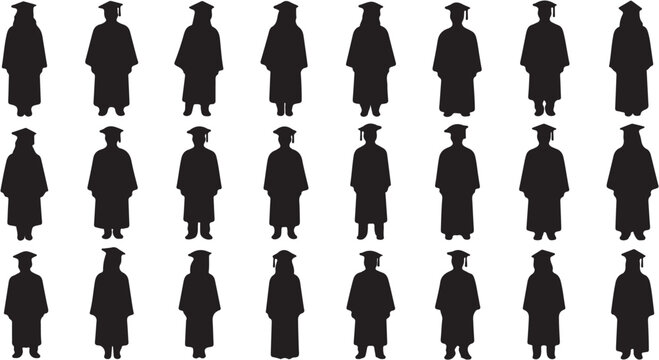 Graduates in black silhouette standing.