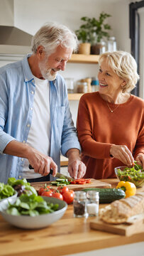 Elderly couple preparing healthy meals in cozy kitchen lifestyle photography warm atmosphere