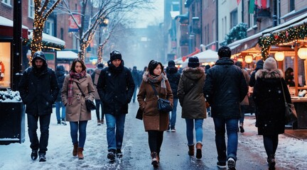 Naklejka premium People walk on snowy city street, winter coats, scarves, boots. Buildings have warm holiday lights and decorations. Snowflakes fall gently creating festive atmosphere.