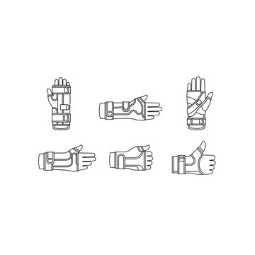 Medical wrist and hand brace support orthopedic outline icon set with orthopedic
