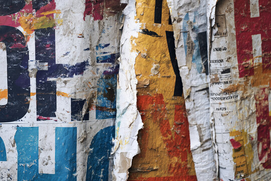 Vintage street poster decay texture with ripped advertising layers, urban wheatpaste wall, distressed typographic fragments, peeling paper collage, grunge billboard surface