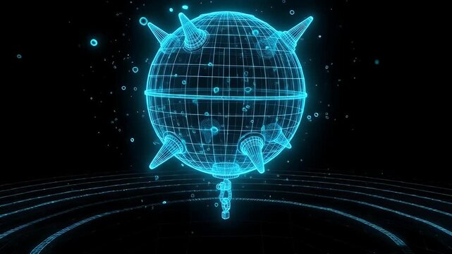 A glowing blue digital wireframe model of an underwater mine floats against a dark black background. The spherical mine features a grid-like structure, protruding conical spikes, and a prominent