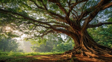 Obraz premium Ancient, sprawling tree with exposed roots under dappled sunlight