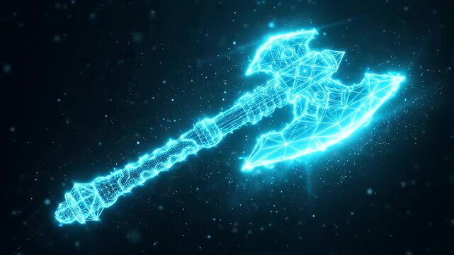 A digitally video axe is depicted in a vibrant blue wireframe style with luminous, glowing edges against a dark, particle-filled background.