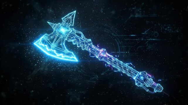 A digitally video, futuristic axe is depicted as a glowing blue wireframe model. It features intricate polygonal details and emits a vibrant light, set against a dark, cosmic background with subtle
