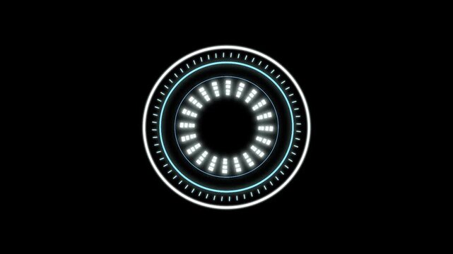 Futuristic circular hud interface animation displaying glowing light bars rotating in endless loop for high tech digital data communication system visual graphics design element isolated on black back
