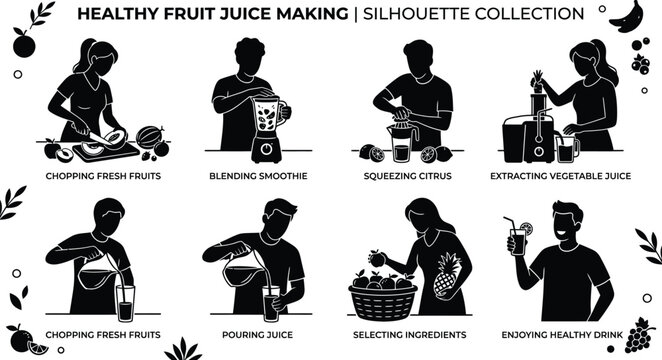 Healthy fruit juice making process illustration isolated on white background, Vector